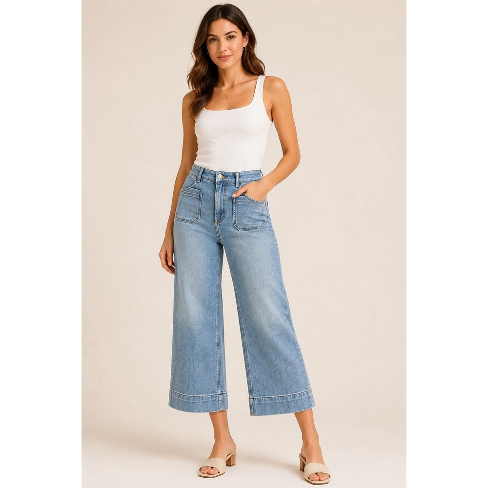 Maeve Anthropologie Colette Wide Leg Crop Jeans Women's 26 High Rise Blue Boho